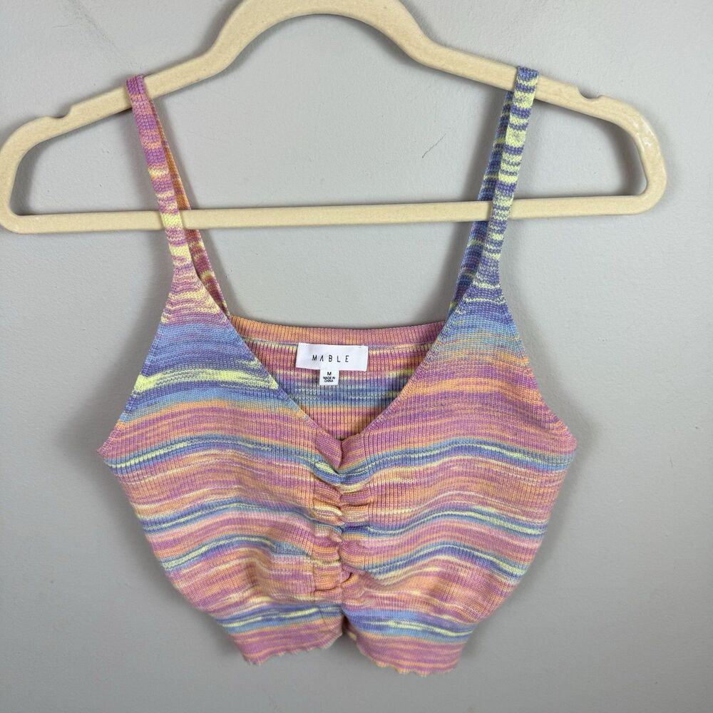 Mable Women’s Tank Top Crochet Rainbow Size Medium Cropped Straps V Neck